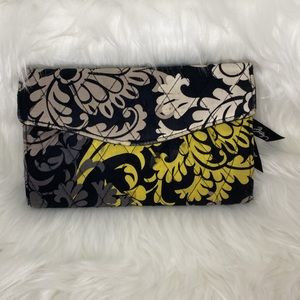 Vera Bradley Wallet Baroque print with removable strap black yellow and cream